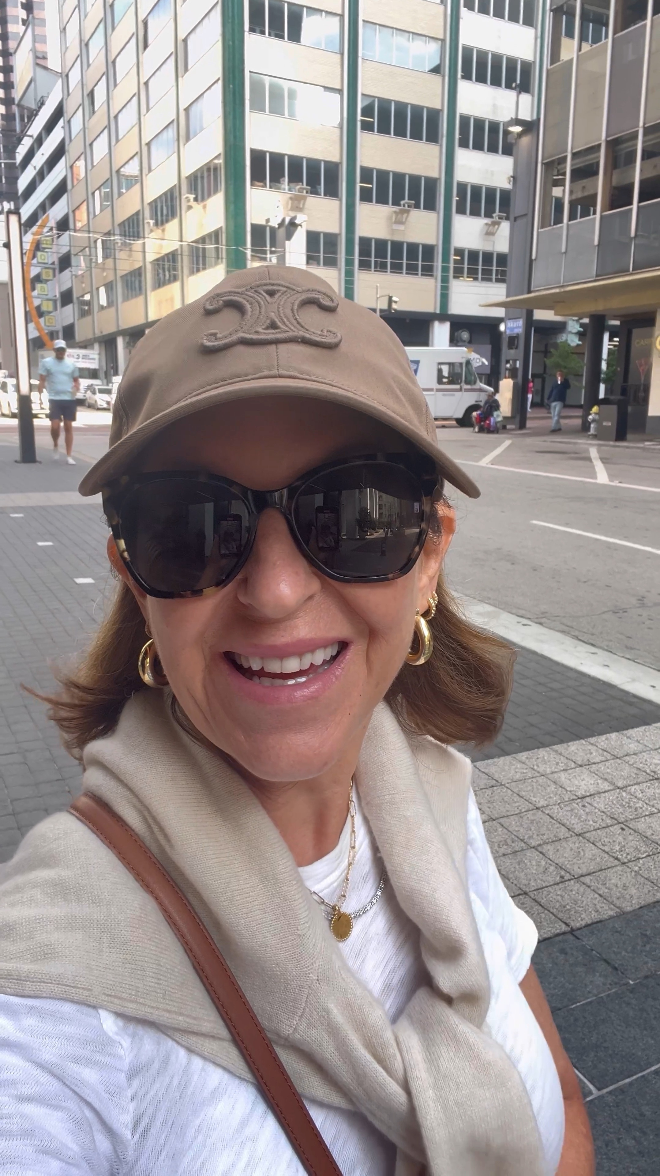 I'm heading to the airport to fly home to Seattle. 

I'm wearing my favorite ATM t-shirt, size XS, and crewneck cashmere from J.Crew, which I can’t live without. Plus, a new hat, my jeans, sneakers, and a Veronica beard bag. 

I wear prescription sunglasses, and these are from Warby Parker! 😎

#LTKCon #LTKVideo #LTKOver40