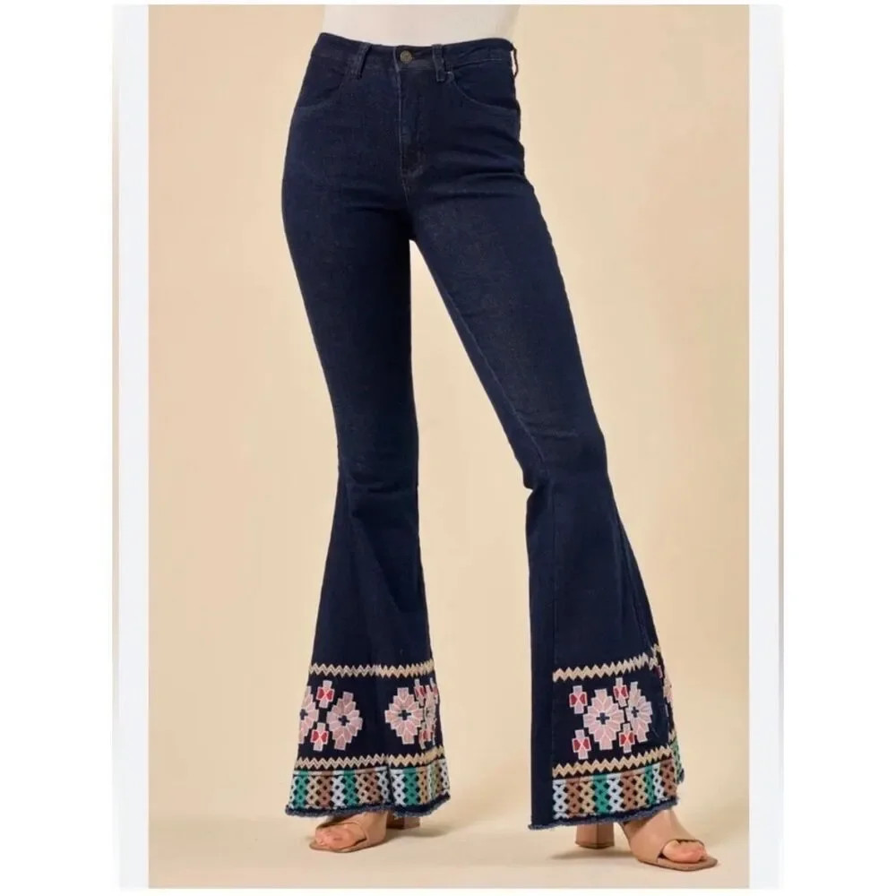 Saints &\u205fHearts Bell Tribal Flare Embroidered Jeans Dark wash NWT Small Boho | Poshmark