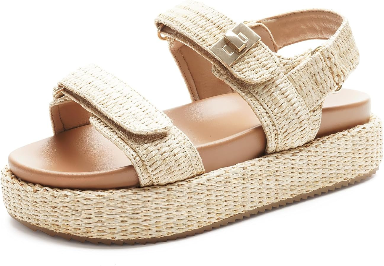 FUNKYMONKEY Women's Low Wedge Platform Sandals Open Toe Adjustable Double Strap Beach Casual Sand... | Amazon (US)