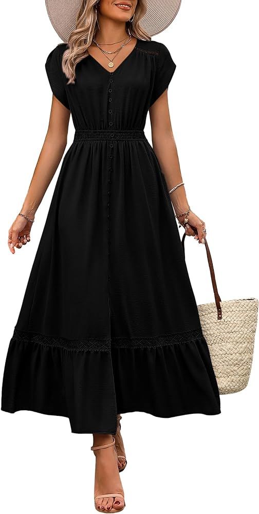 dowerme Women Summer Dresses 2024 Petal Sleeve V Neck Hallow Out Button Down Smocked A-Line Lace ... | Amazon (US)
