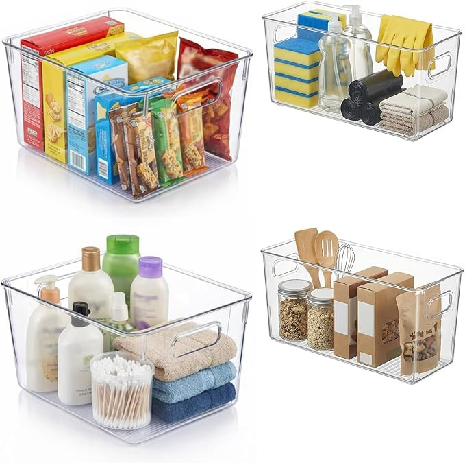 MOONEDGE Set of 4 Clear Plastic Organizer Bins, 2 Large & 2 Small Storage Bins for Pantry, Nestab... | Amazon (US)