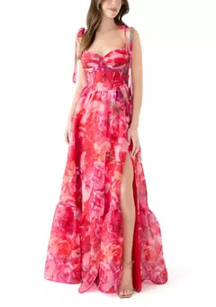 Women's Sleeveless Tie Watercolor Print Organza Gown | Belk