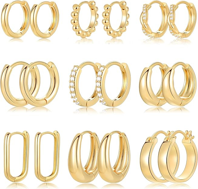 9 Pairs Small Gold/Silver Hoop Huggie Earrings Set for Women, 14K Gold Plated Chunky Hoop Small E... | Amazon (US)