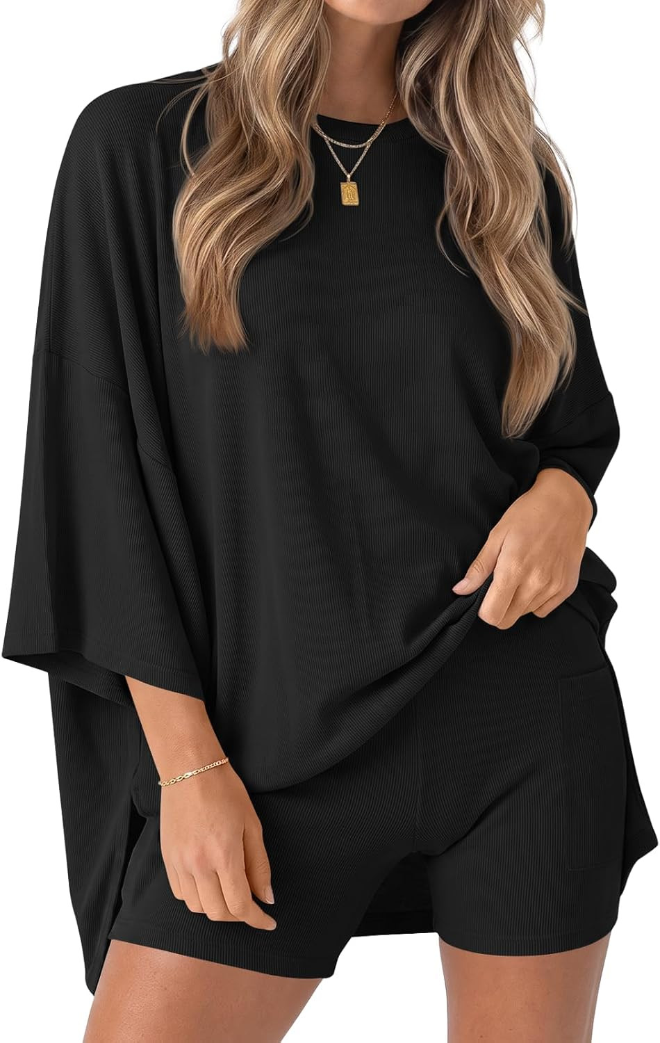Fisoew Womens 2 Piece Lounge Set Ribbed Oversized T-Shirt Biker Shorts | Amazon (US)
