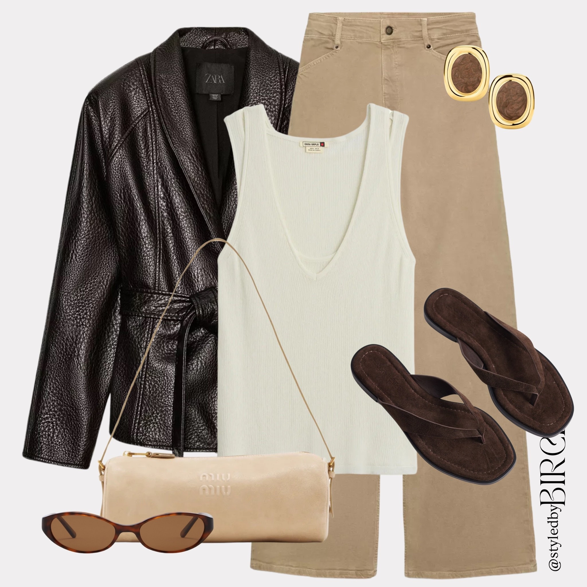 Dark chocolate, cream and tan… a warm neutral combination that never gets old!

That belted leather jacket is doing everything here. It takes what could be a simple outfit and makes it feel really special.

#ootd #outfitinspo #leatherjacket #miumiu #neutralstyle

Tags 🏷️
Dark chocolate leather belted jacket, cream ribbed tank, tan straight leg jeans, cream Miu Miu shoulder bag, dark brown suede flip flops, gold oval stone earrings, tortoiseshell cat eye sunglasses

#LTKspring #LTKeurope #LTKjeans