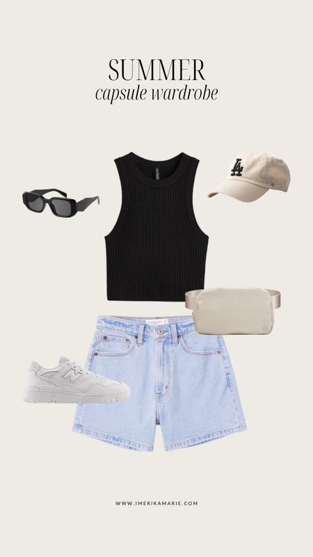 summer capsule wardrobe. summer outfit. abercrombie mom shorts. LA baseball hat. new balance 550. white sneakers. sunglasses. 

#LTKstyletip #LTKunder100 #LTKSeasonal