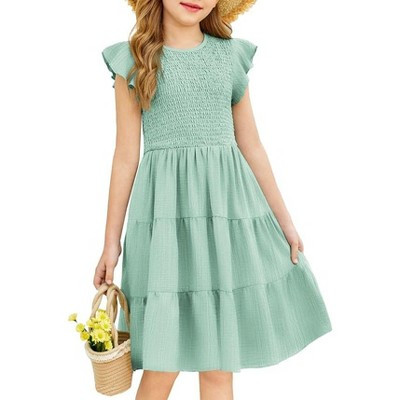 Arshiner Girls Summer Flutter Short Sleeve Sundress Smocked Elastic Waist Tiered Midi Dress with Pockets Ice Green 16 Years | Target