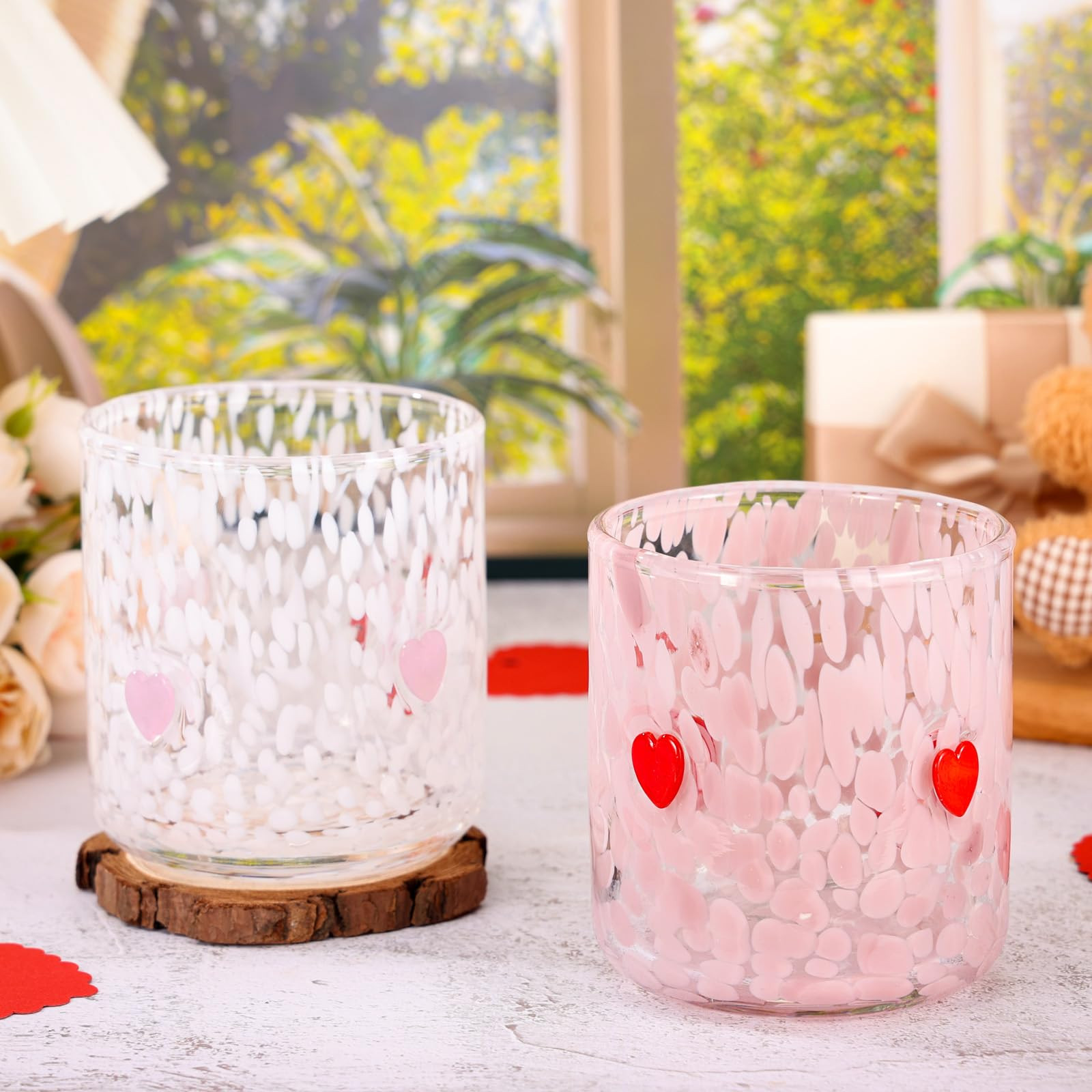 Booson 2 Pcs Heart Icon Juice Glasses Valentine's Day Stemless Glass Cups 14oz Pink Red Heart Jui... | Amazon (US)