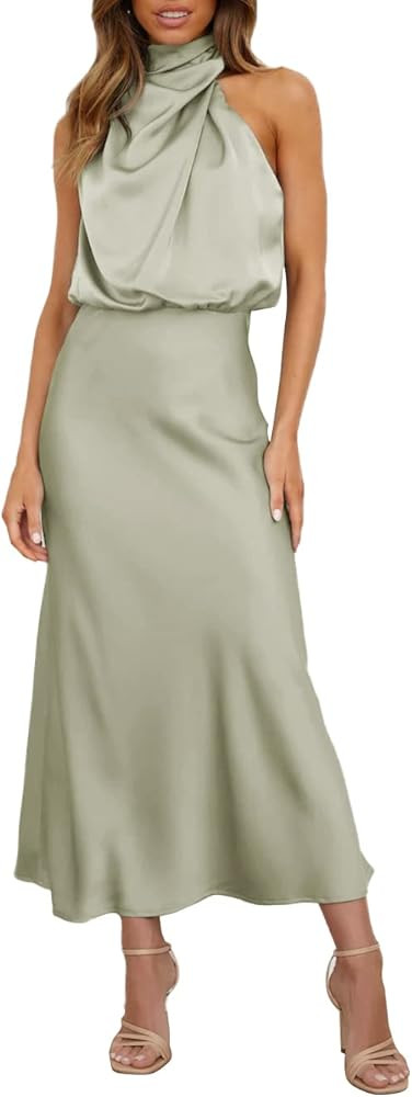 Hatant Satin Maxi Dress for Women Silk Wedding Guest Dress Maxi Dress Sleeveless Elegant Halter N... | Amazon (US)
