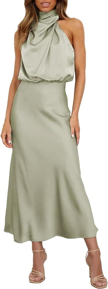 Hatant Satin Maxi Dress for Women Silk Wedding Guest Dress Maxi Dress Sleeveless Elegant Halter N... | Amazon (US)