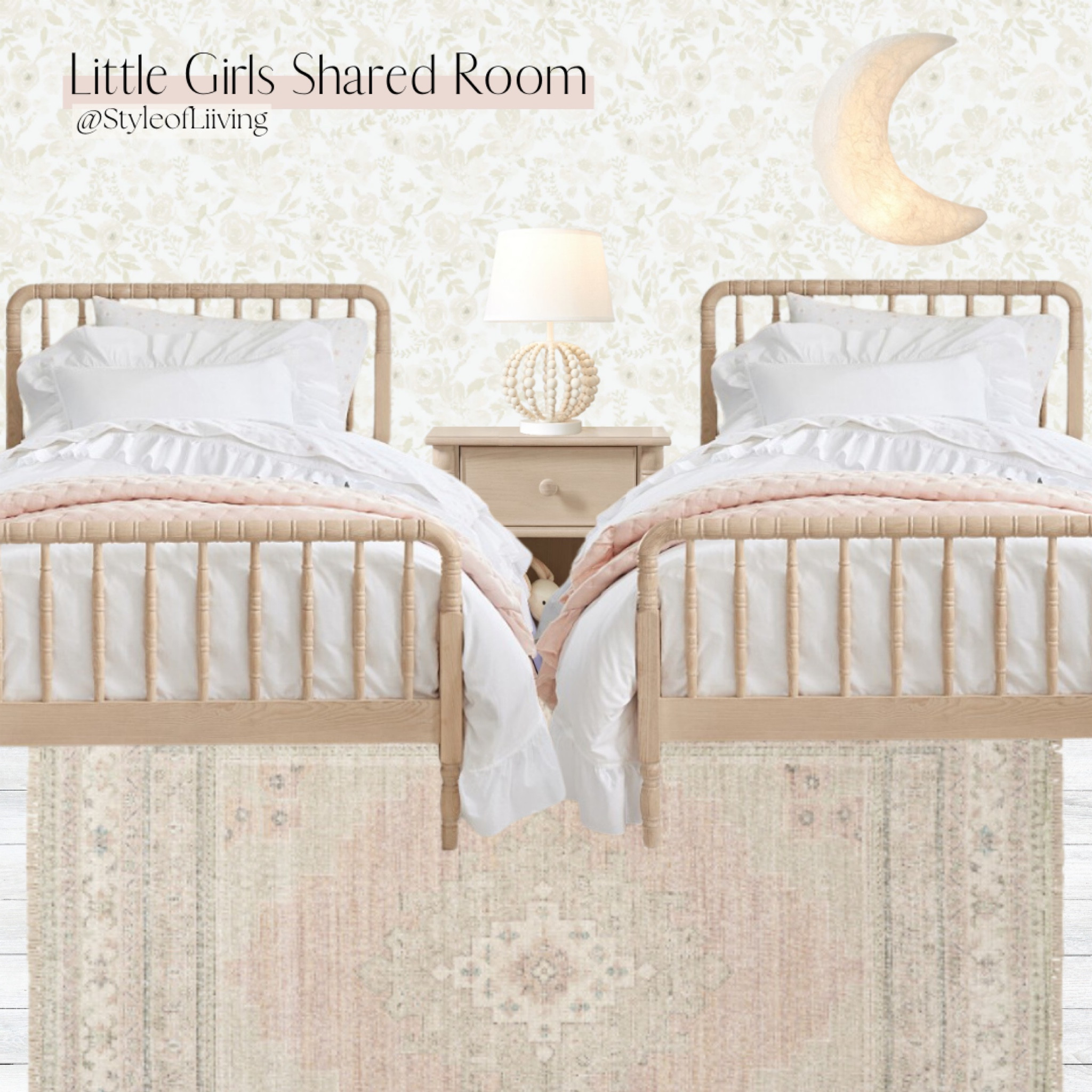 Little girls bedroom! Twin beds from Pottery Barn kids, nightstand, table lamps, moon wall night light, area rug, wallpaper. Light and airy kids room design. Home decor. Furniture. #bedroom #ltkstyletip #ltkhome

#LTKFamily #LTKBaby #LTKKids