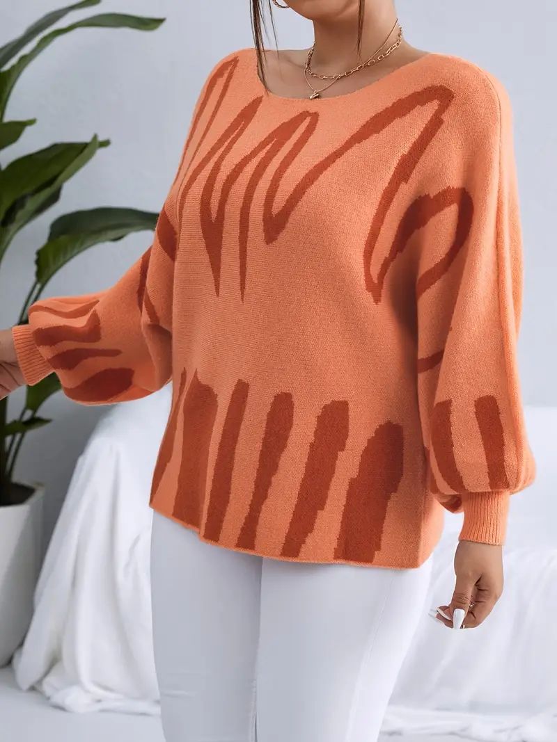 Plus Size Jacquard Boat Neck Long Sleeve Sweater, Women's Plus High Stretch Casual Pullover Sweat... | Temu Affiliate Program