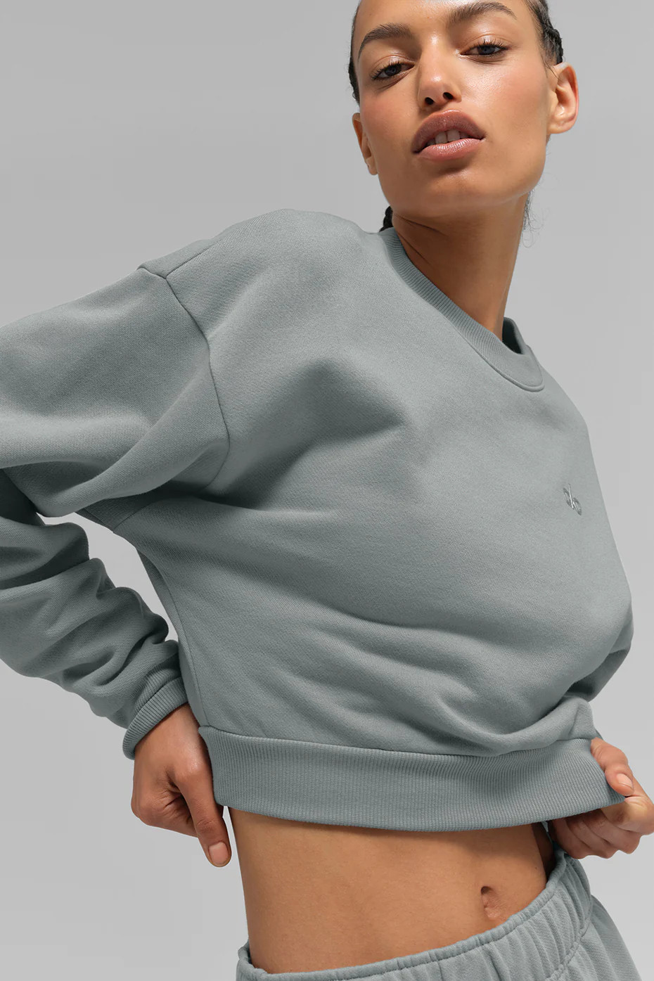ALO | Cropped Accolade Crewneck Top in Lunar Grey, Size: Large | Alo Yoga (US)