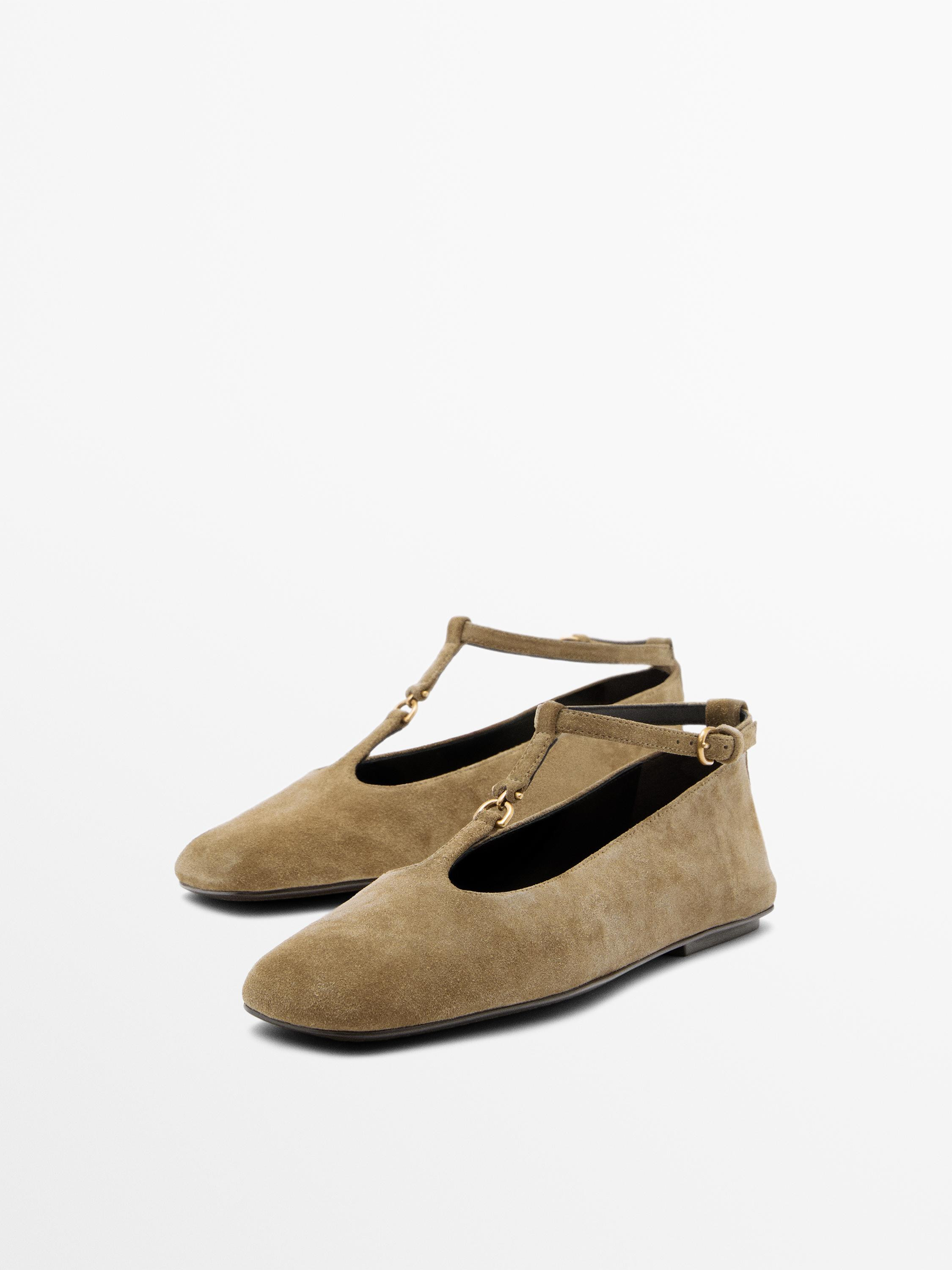 Split suede ballet flats with instep strap | Massimo Dutti UK