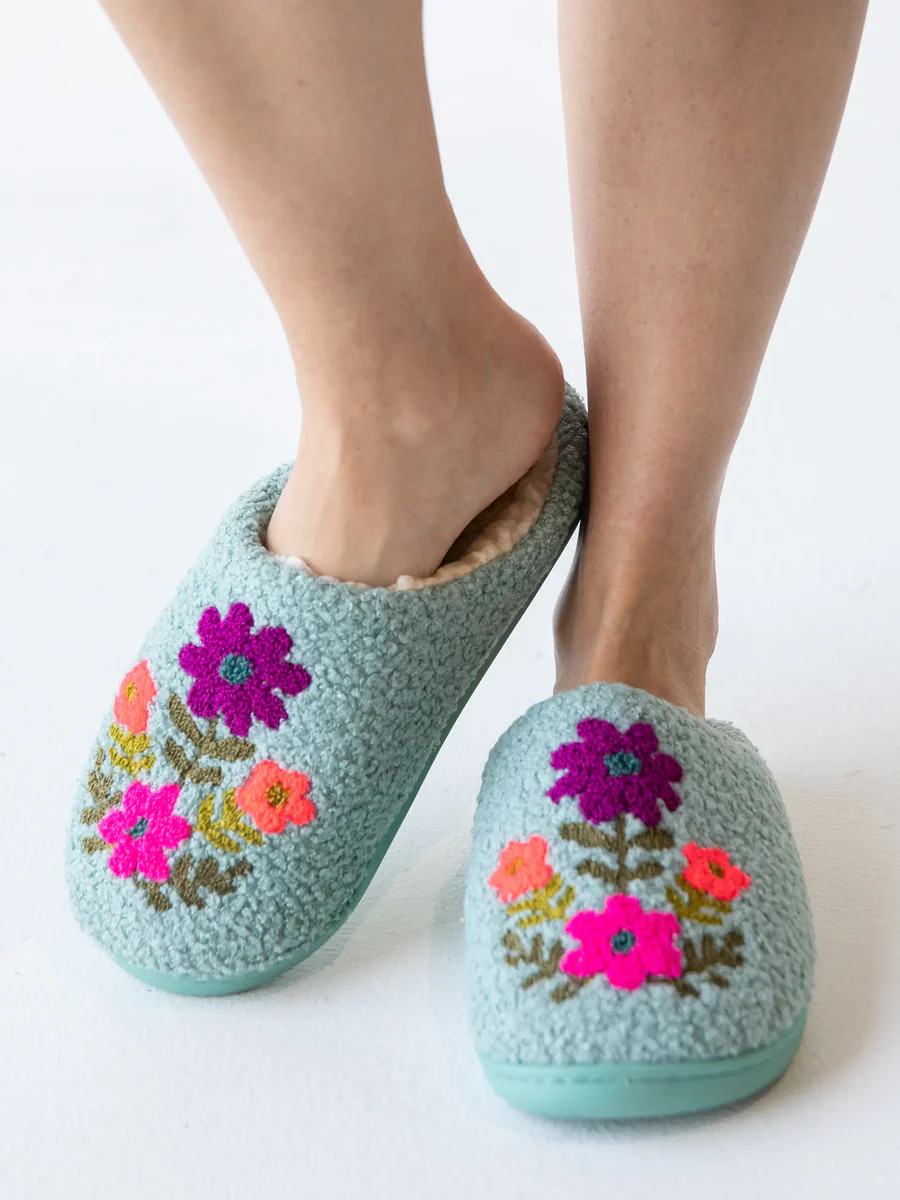 Icon Sherpa Slippers - Dusty Blue Folk Flower | Natural Life