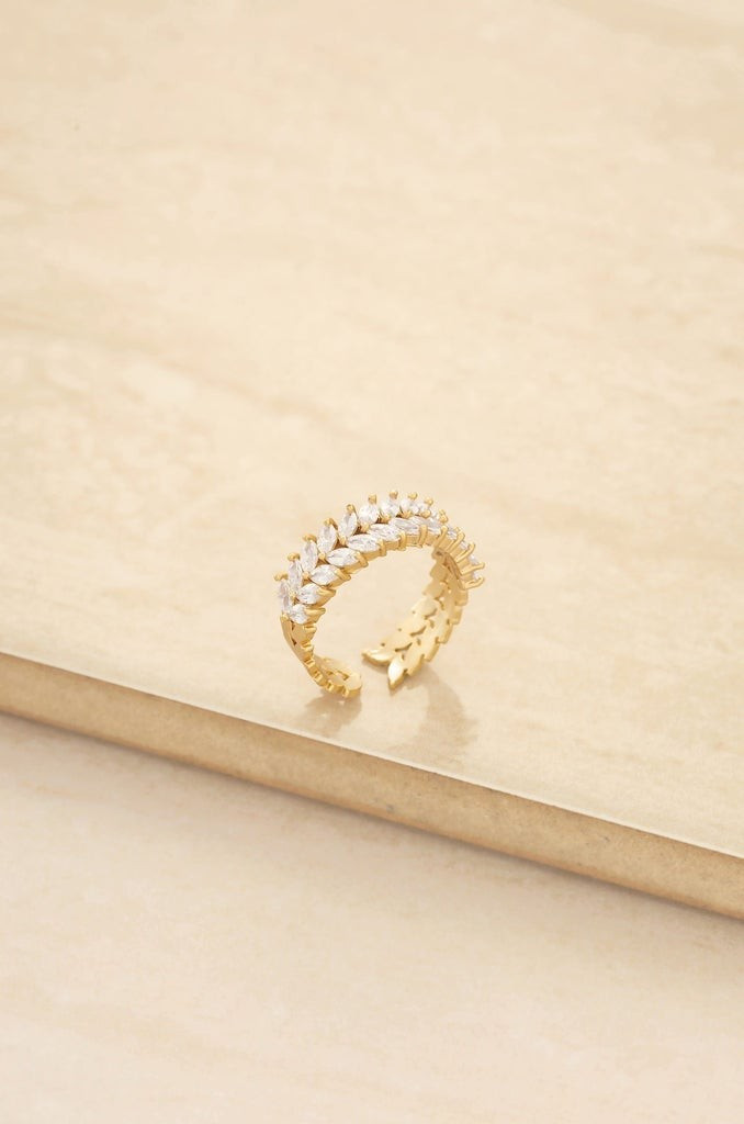 Adjustable Crystal Leaf 18k Gold Plated Ring | Ettika