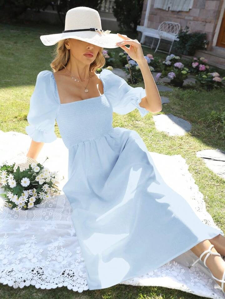 SHEIN Frenchy Square Neck Puff Sleeve A-line Dress | SHEIN