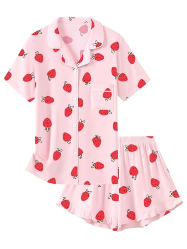 Schbbbta Girls Pajamas Set 2 Piece Button Down Pjs Soft Ruffle Sleepwear Loungewear Nightwear, Pink Strawberry, 11-12 Years | Amazon (US)