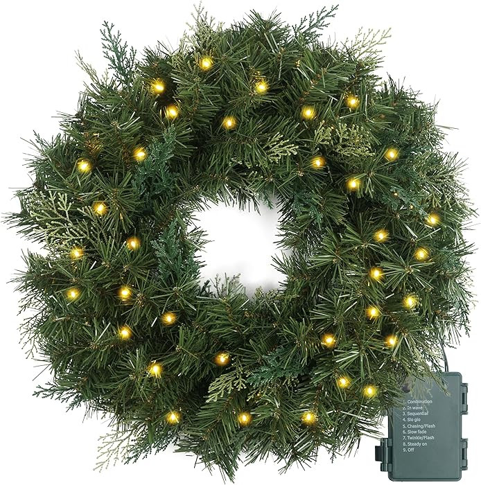 Christmas Wreath Pre-lit 24 inch with 50 Led & Cupressus Tips, Battery Operated Artificial Christ... | Amazon (US)