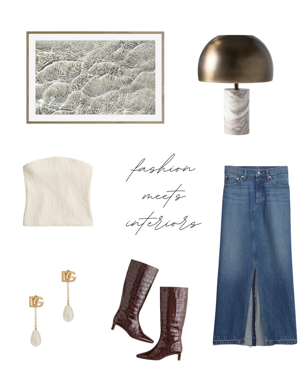 ☀️ FASHION MEETS INTERIOR | SUMMER SHIMMER EDITION ✨
At Covelle & Co., we believe great style should flow effortlessly from your closet to your living room—and this month’s Fashion Meets Interior is all about that sun-drenched shimmer and effortless edge.

We took a GAP longline denim skirt—hello, timeless chic—and paired it with snakeskin Madewell boots for a little “don’t-mess-with-me” moment. A soft J.Crew tube top brings in that playful summer energy, while Dolce & Gabbana pearl earrings add just the right touch of glam. Now take that outfit and imagine it living in your space.

Cue the marble lamp from West Elm: bold, elegant, grounded. Add in sculptural wall art from Pottery Barn that catches the light like your favorite accessories. Together? It’s a vibe. A mood. A whole lifestyle.

This isn’t just inspiration—it’s a lookbook for the way you live.
🌟 Style your space like you style yourself.

🛍 Which detail are you obsessed with—the snakeskin boots or the sculptural lamp? Tell us below & save this for your next glow-up.
#FashionMeetsInterior #CovelleAndCo #SummerShimmer #StyledSpaces #InteriorInspo #LTKStyle #LTKHome #HomeGoals #WearYourSpace #DesignWithEdge 

#LTKHome #LTKStyleTip #LTKSummerEdit