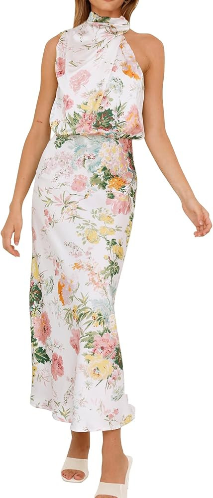 PRETTYGARDEN Women's 2025 Summer Satin Dress Elegant Sleeveless Mock Neck Cocktail Party Maxi Dre... | Amazon (US)