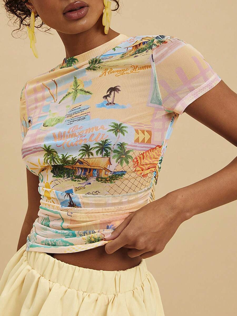 Travachic 2026 Women's Slim Fit Printed Short Sleeve Mesh Sheer Ruched Casual Top,Beige,Summer,Y2... | SHEIN