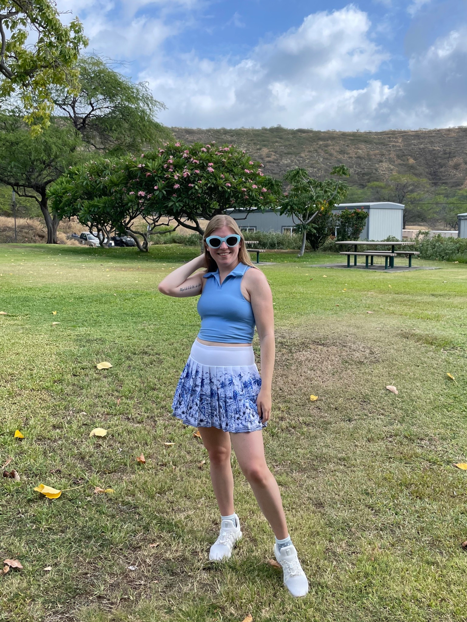 What to wear on a hike : A printed tennis skirt and workout top make for a chic and put together look that is still comfortable  

#LTKActive