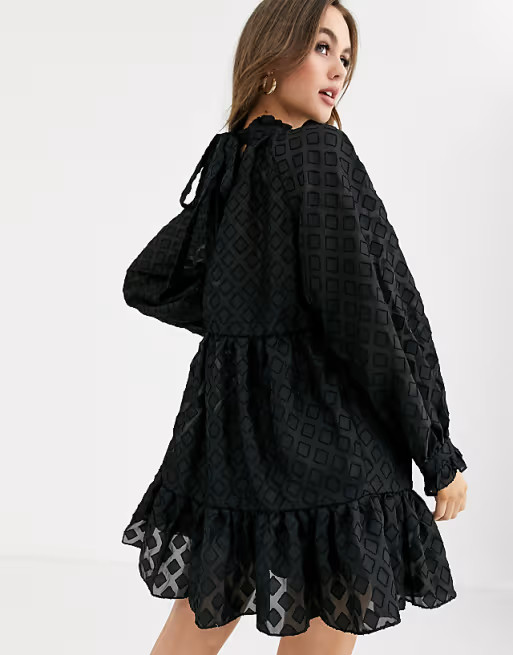 ASOS DESIGN high neck tiered mini smock dress in black textured organza | ASOS (Global)
