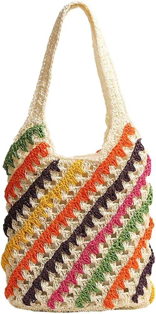 Large Straw Beach Bag for Women Rainbow Hand-woven Shoulder Tote Purse Stripe Top Handle Handbags... | Amazon (US)