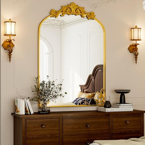 GLSLAND Vintage Mirror 38"x 26" Arched Wall Mirrors Gold Carved Arched Mirror with Metal Frame Baroque Wall-Mounted Mirror for Bathroom/Living Room/Entryway,Gold | Amazon (US)