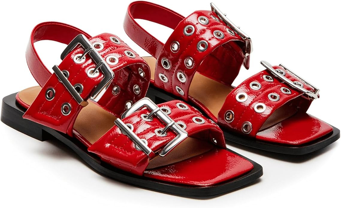 Yishaweiqi Wide Welt Buckle Flat Sandals for Women Square Open Toe Slingback Sandals Double Strap... | Amazon (US)