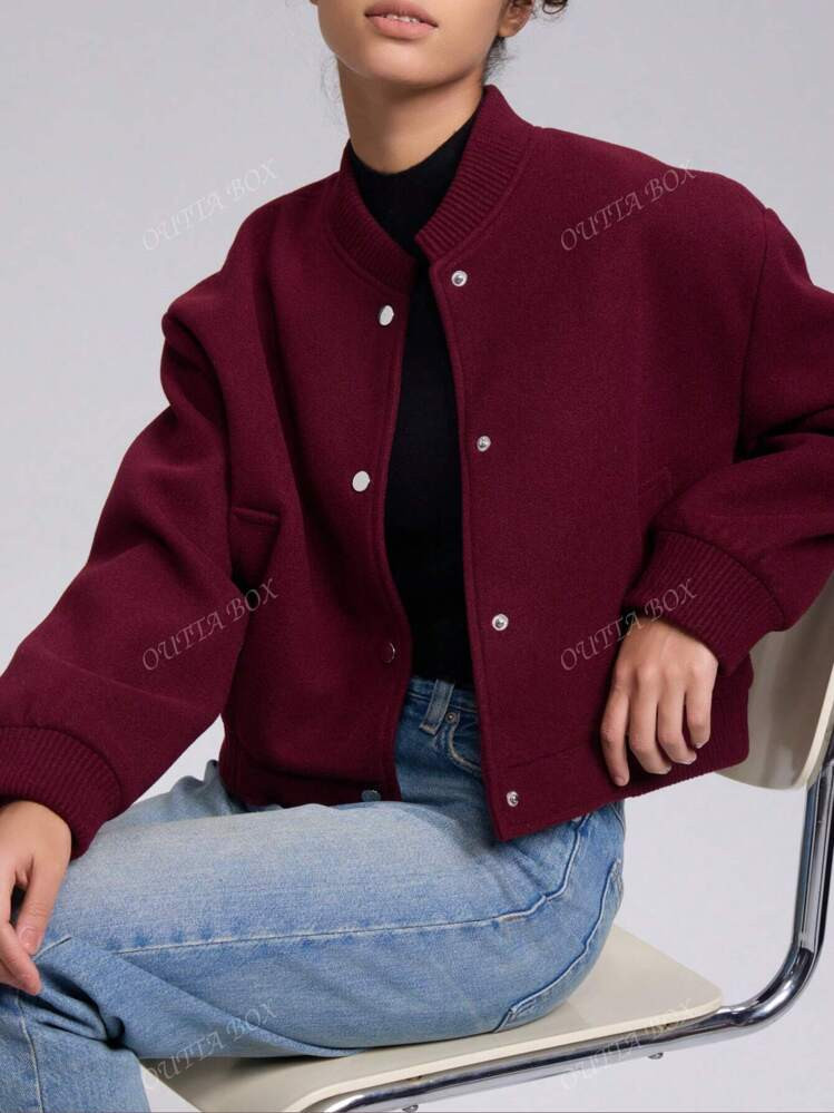 OUTTA BOX Women's Spring Autumn Single-Breasted Casual Wool Blend Baseball Jacket Coat | SHEIN