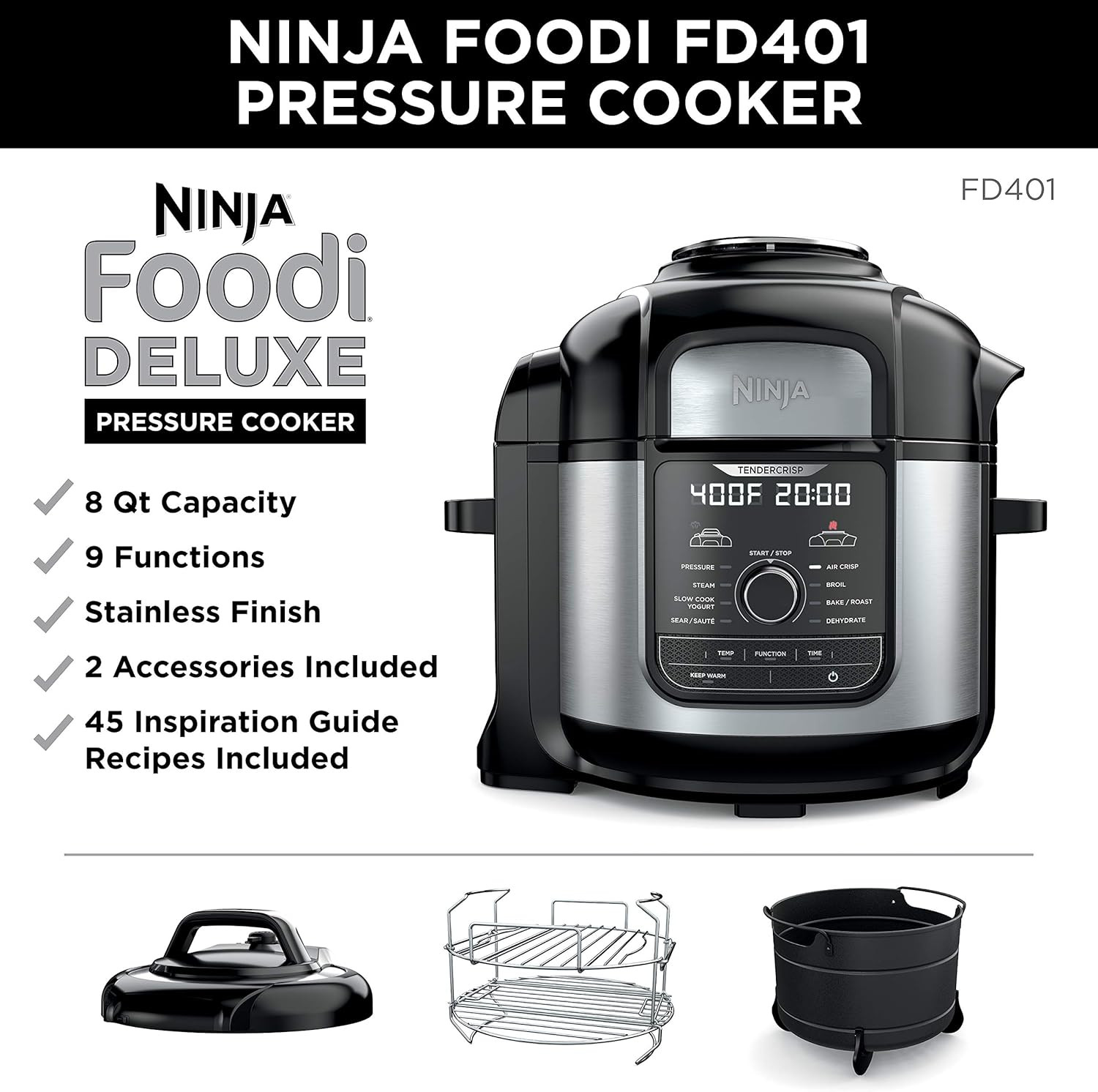 Ninja FD401 Foodi 8-Quart 9-in-1 Deluxe XL Pressure Cooker, Air Fry, Crisp, Steam, Slow Cook, Sea... | Amazon (US)