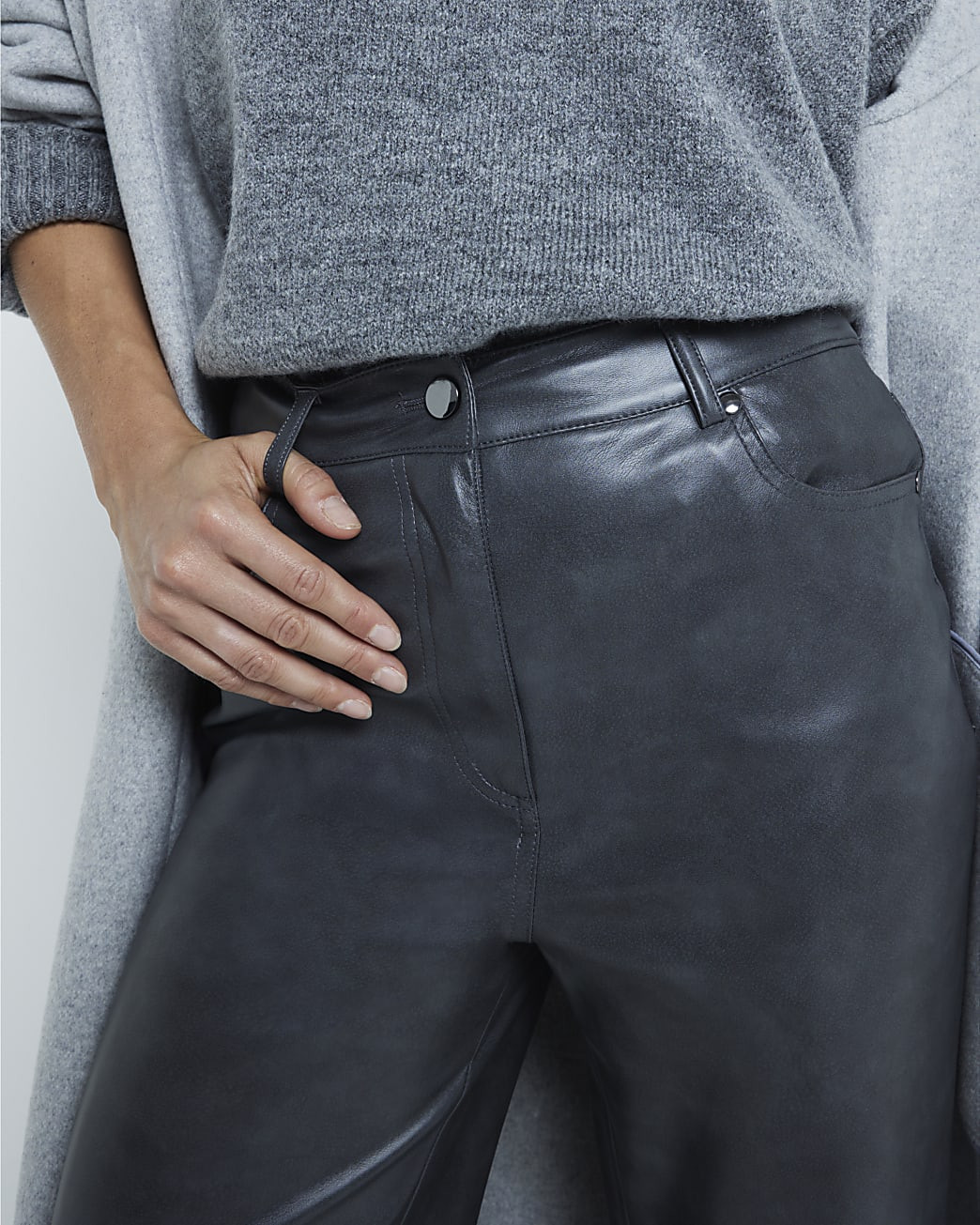 Grey faux leather straight leg trousers | River Island (UK & IE)