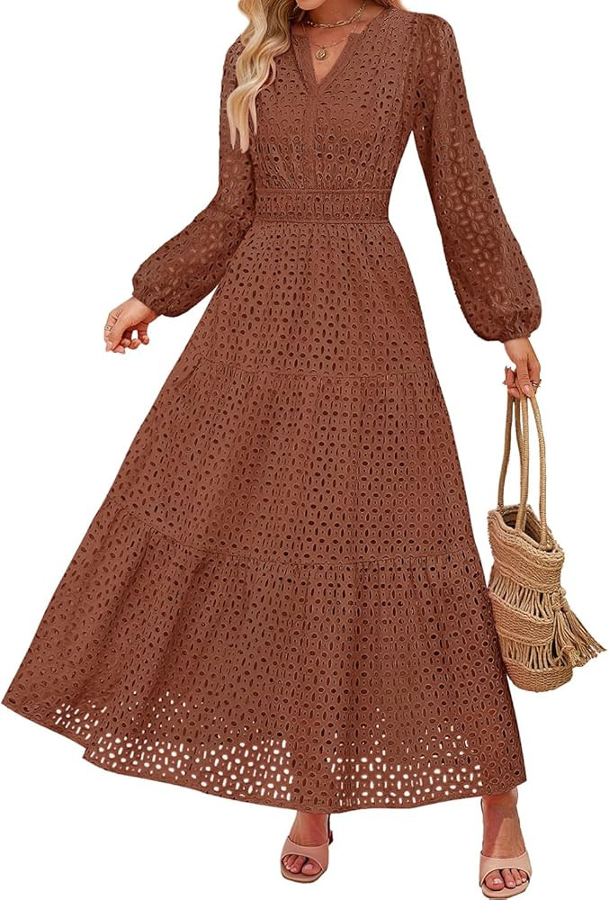 ZESICA Women's 2025 Fall Long Sleeve Maxi Dress V Neck Hollow Out Eyelet A Line Long Flowy Casual... | Amazon (US)