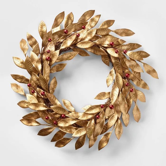 22in Unlit Gold Leaf with Red Berries Artificial Wreath - Wondershop&#8482; | Target