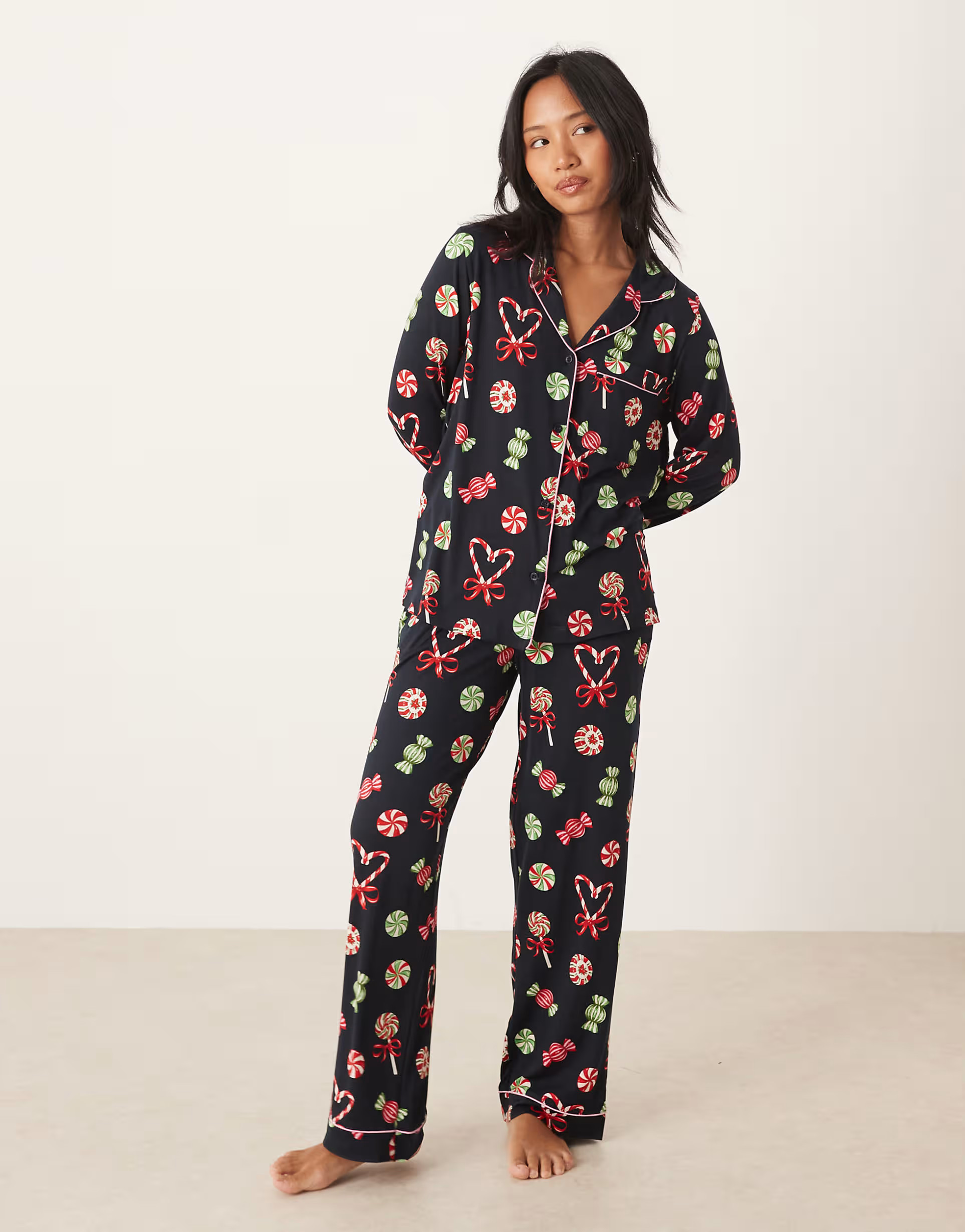 Chelsea Peers Petite poly long sleeve camp collar pajama set in Christmas candy print | ASOS | ASOS (Global)