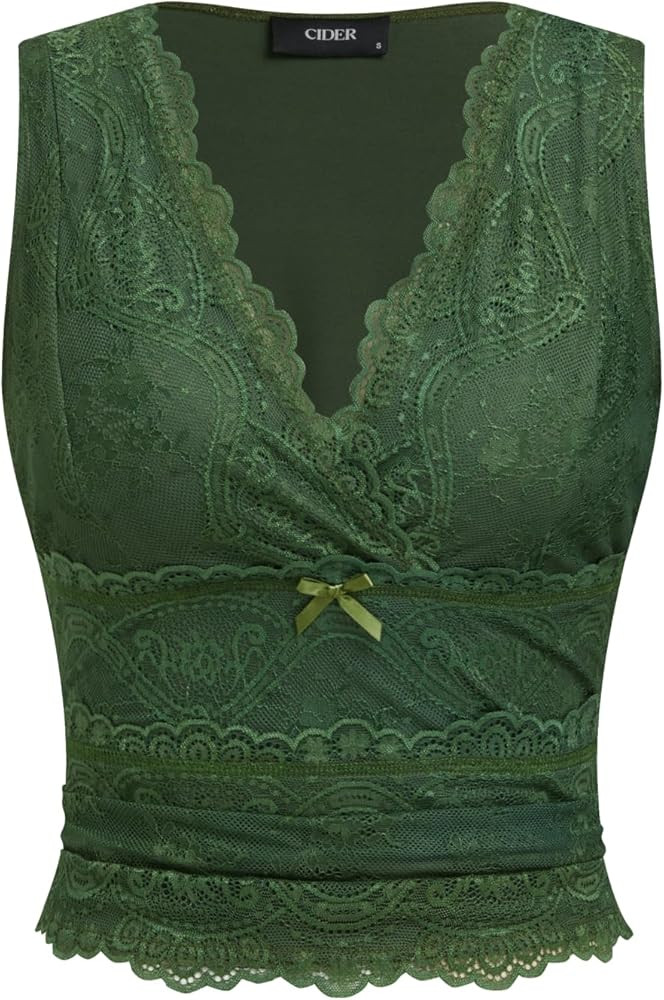 CIDER Lace Crop Tank Tops for Women Summer Going Out Tops V Neck Sleeveless Ruched Y2K Top Date N... | Amazon (US)