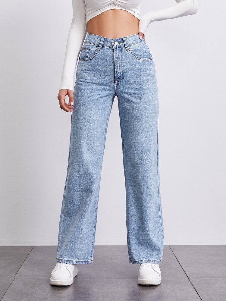 SHEIN BASICS Stone Wash Middle-Waisted Straight Jeans | SHEIN