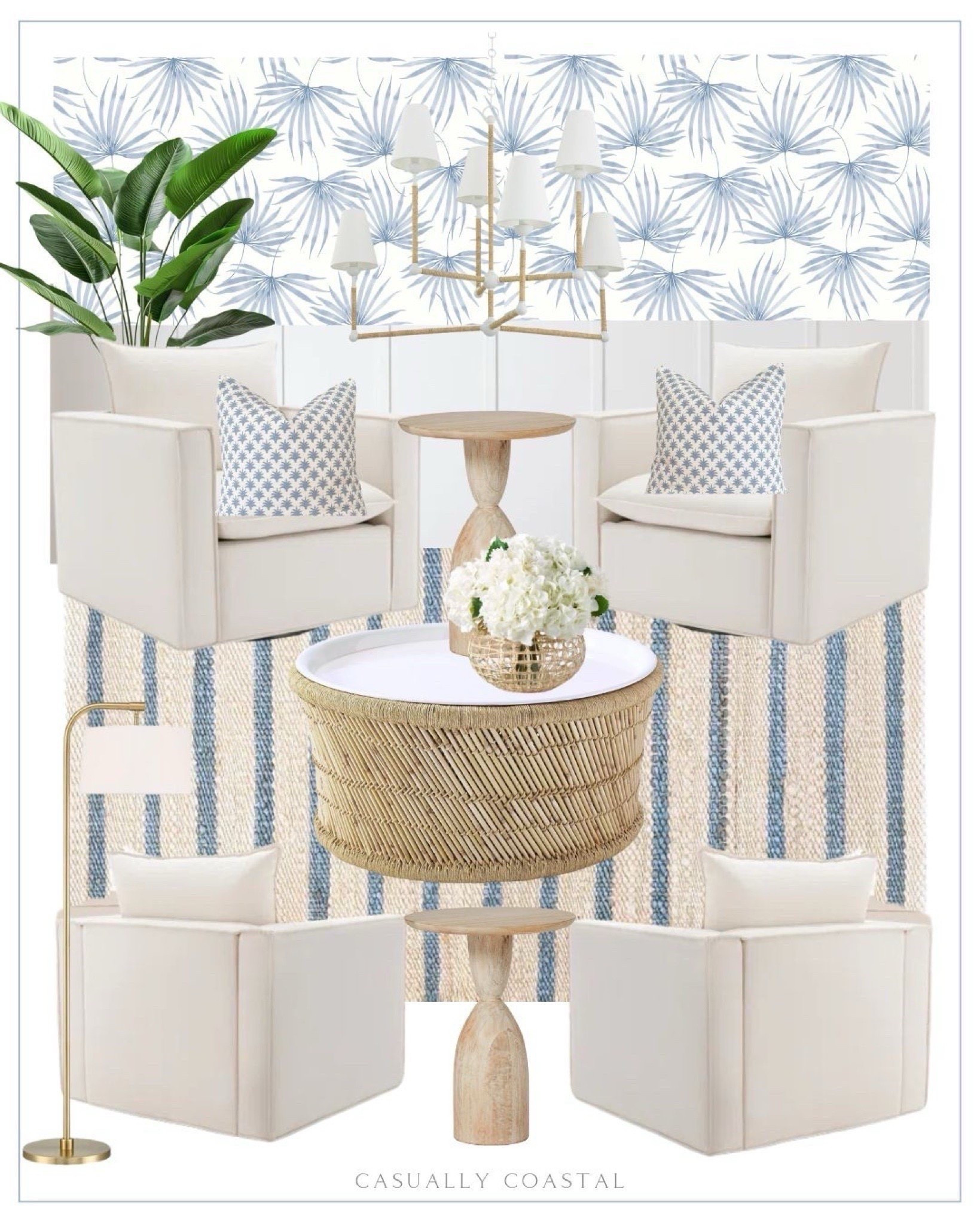 A coastal-inspired space designed for relaxation and good conversation! The coffee table & this beautiful woven vase are both currently on sale. 
- 
Coastal home decor, coastal sitting room, neutral home, coastal style, beach home, beach house decor, neutral home decor, artificial banana tree, faux palm tree, coastal pillow cover, coastal pillows, statement chandelier, coastal chandelier, round pedestal side table, light wood side tables, living room furniture, coastal side tables, beach house ideas, beach house furniture, 16” side table, coastal side table, striped rug, coastal rugs, accent rug, living room rug, woven rugs, natural rugs, 9x12 rugs, 10x13 rugs, 8x10 rugs, arc floor lamp, gold floor lamp, coastal floor lamp, living room lighting, palm print wallpaper, coastal coffee table, Serena & Lily coffee table, coffee table with storage, woven coffee table, neutral coffee table, round coffee tables, upholstered swivel armchair, living room chairs, coastal vase, faux hydrangeas, Amazon hydrangeas, white hydrangeas, summer florals, coffee table decor, summer home decor, rugs on sale, keeping room, conversation area, formal living room ideas, Amazon palm tree, banana tree, bird of paradise, Amazon home decor swivel chairs, Amazon rugs, Amazon wallpaper, cane vases 

#LTKHome