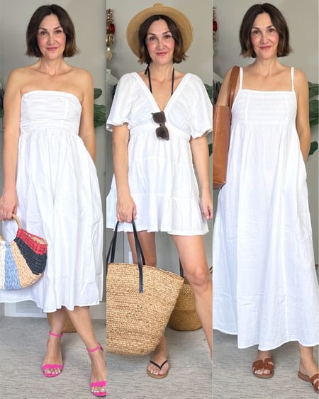 White dresses for summer! I’m 5’ 7” size 4ish (slightly long torso)
Left: AEO midi dress, 100% cotton (poplin), has pockets & comes with removable straps. 4 colors
Middle: Aerie mini dress: open back, a bit too short for me but very comfortable, great as a beach cover up. 4 colors.
Right: Aerie maxi dress: great everyday dress but you can also dress it up or down, soft gauzy fabric (100% cotton) and fits tts. Stretchy top, has pockets, slightly sheer. 3 colors
Also linked all the sandals and most of the bags


#LTKStyleTip #LTKSeasonal #LTKSwim