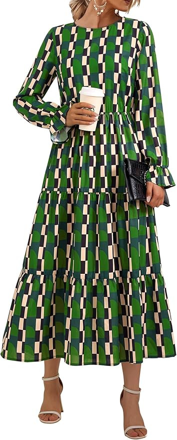 KIRUNDO Womens Spring Dresses Long Sleeve Midi Dress Boho Floral Print Crewneck Casual Wedding Gu... | Amazon (US)