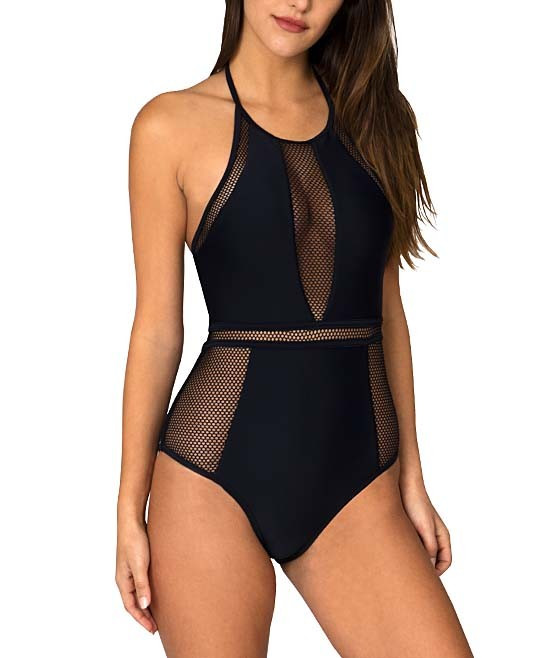 InGear Women's One Piece Swimsuits Black - Black Mesh Panel High-Neck Cutout One-Piece - Women | Zulily