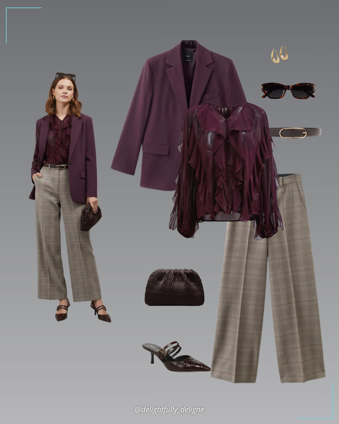 Plum Power Suit ❤️🤎Maroon straight-fit suit blazer, semi-sheer button ruffle top in plum, wool-blend check trousers, croc-embossed pointed-toe pumps, oval slim faux-leather belt, chocolate-plum faux-leather clutch, gold rounded oval hoop earrings & cat-eye sunglasses.
 

 #LTKgrwm #LTKootd #LTKOver40