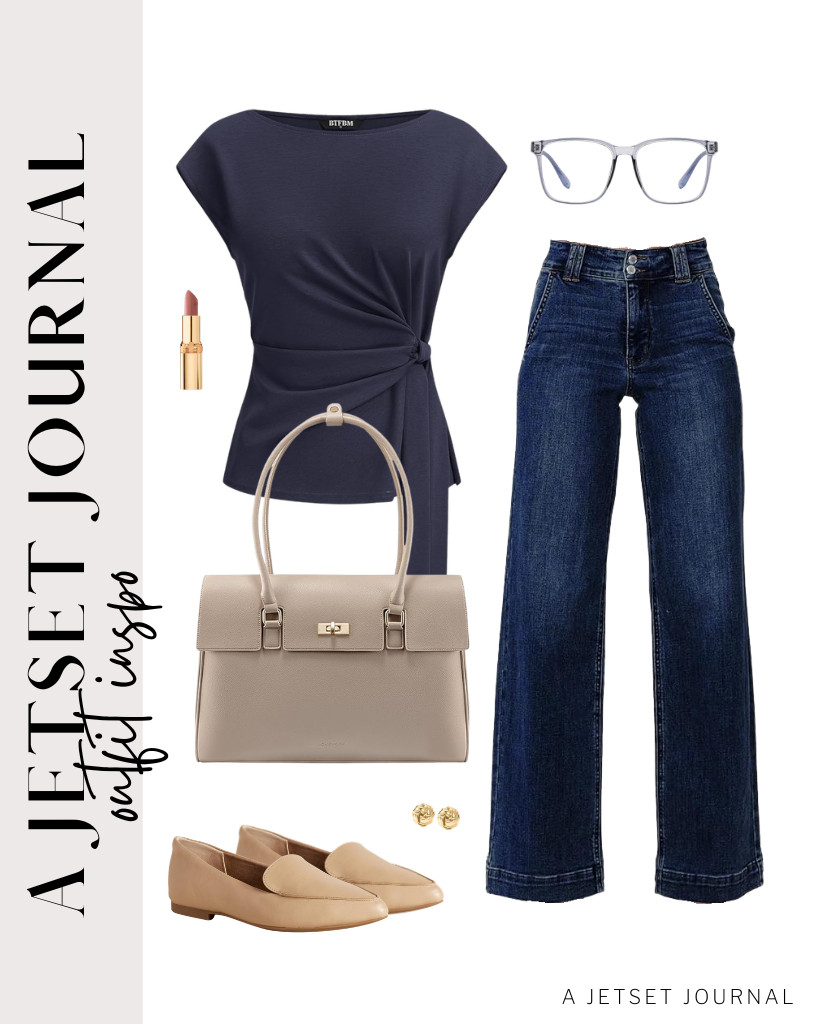 I’m loving the combination of navy tie-waist top and wide-leg jeans for meetings. I added these cute Amazon Essentials’ loafers, blue-light glasses, and these love-knot earrings for a fun touch!

#LTKSeasonal #LTKSaleAlert #LTKTravel 

 