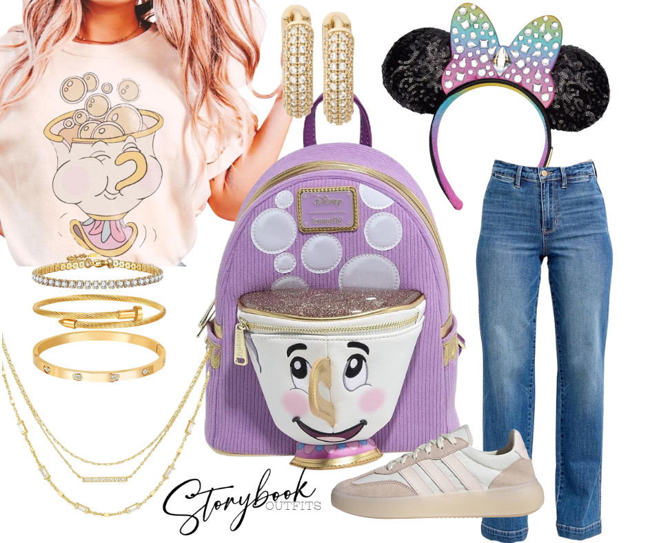 This dreamy Beauty and the Beast–inspired outfit is equal parts magical and wearable. A soft neutral graphic tee featuring Chip pairs effortlessly with classic blue jeans for an easy, flattering look. The lavender Loungefly Chip backpack steals the spotlight with playful details and subtle sparkle, perfectly complemented by iridescent Minnie ears. Finished with comfy neutral sneakers and layered gold jewelry for a touch of elegance, this outfit is perfect for a whimsical Disney day or a stylish park stroll! 

 

#LTKTravel