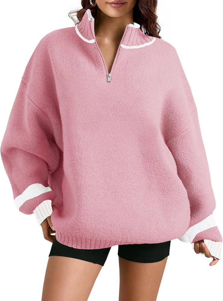 Saodimallsu Womens Oversized Quarter Zip Sweater Long Sleeve Chunky Knit V Neck Collared Loose Pu... | Amazon (US)