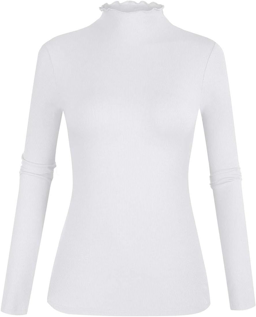 POPZONE Women's Lettuce Trim Mock Neck Long Sleeve Slim Fit Ribbed Knit Tee Shirt Tops | Amazon (US)