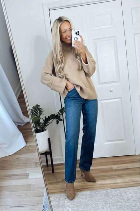 Casual fall outfit! Linking this exact Reiss camel turtleneck sweater below and a similar option for less!

Oversized sweater, straight leg jeans, camel booties, camel ankle boots

*booties gifted 

#LTKstyletip