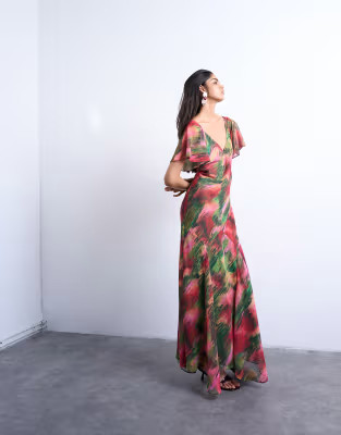 Topshop flutter sleeve godet hem midi dress in blurred floral | ASOS | ASOS (Global)